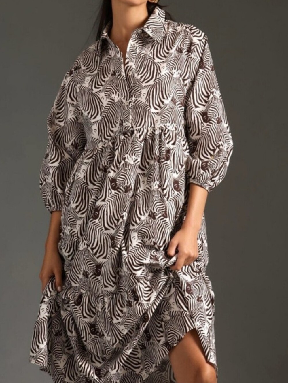 Maeve Tiered Zebra-Print Midi Dress in Brown & White